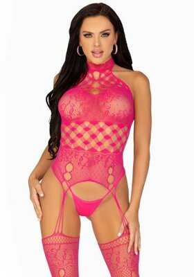 High Neck Garter Catsuit - Pink