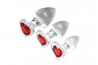 Lot de plugs anaux en verre avec pierre précieuse en forme de cœur rouge