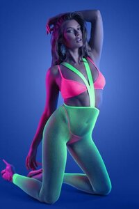 3pc Set - Bralette, G-string and Suspender Stockings - Neon Green