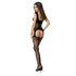 Strumpfhalter-Bodystocking mit Netz und Blumenmuster._